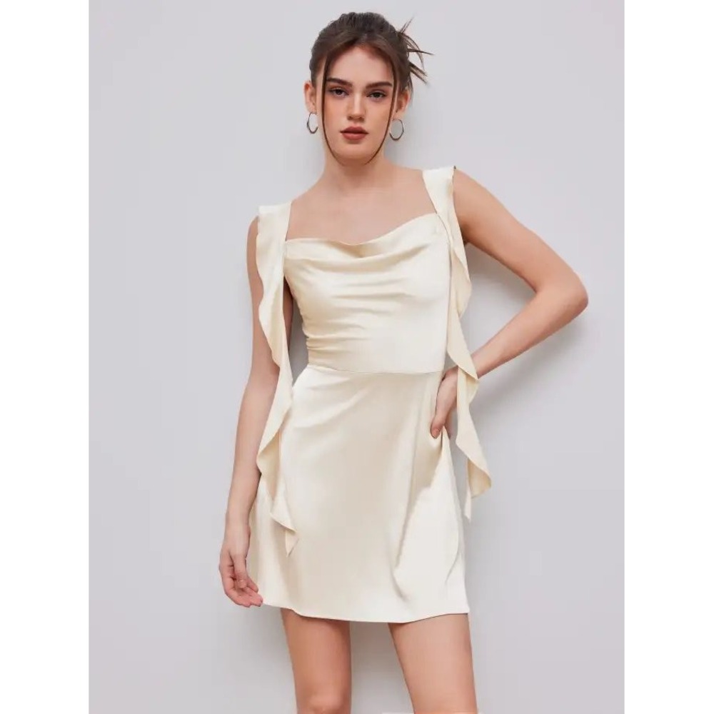 Cider Champagne Satin Cowl Neck Ruffle Mini Dress Cream Sleeveless Party S